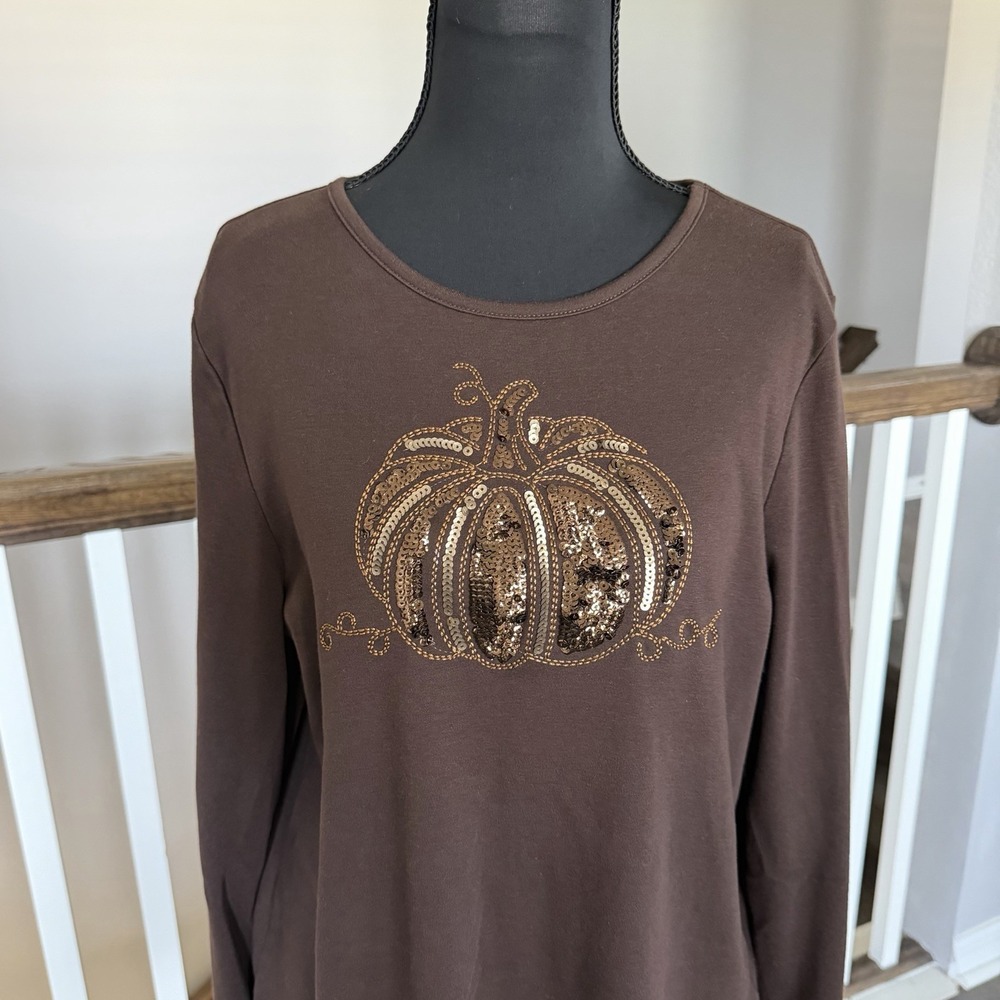 Quacker Factory Brown Sequin Pumpkin Shirt Blouse Large Novelty Whimsigoth Cabin - Picture 2 of 10